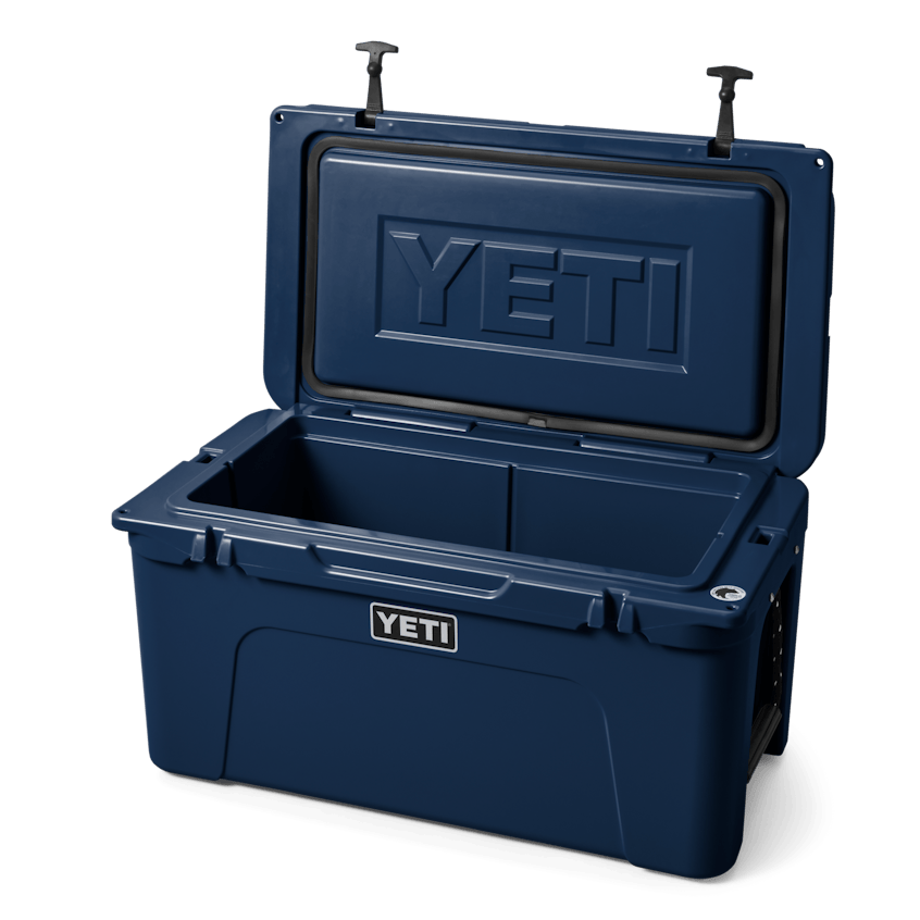 YETI Tundra® 65 Hard Cooler - Navy W Tundra 65 Navy 3qtr Lid Up 3416 B yeticoolershop.com