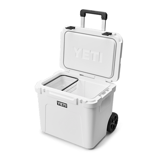 YETI Roadie® 60 Wheeled Cooler W site studio Hard Coolers Roadie 60 White 3qtr Open 7134 Primary B 2400x2400 yeticoolershop.com