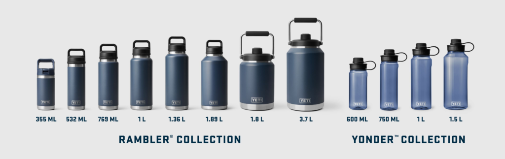 Side by side view of travel hydration gear including the large yeti 60 oz model