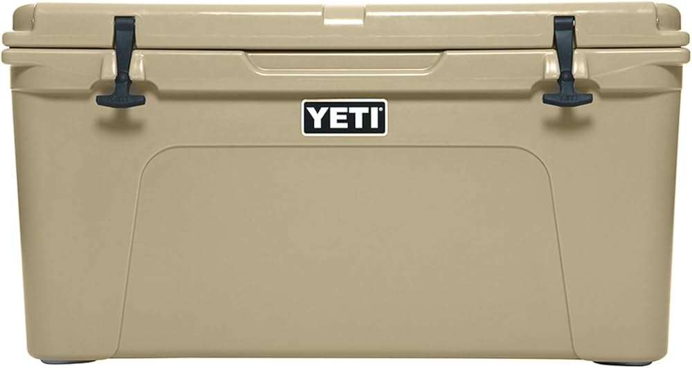The premium finish of a beige YETI cooler reflecting sunlight in the desert