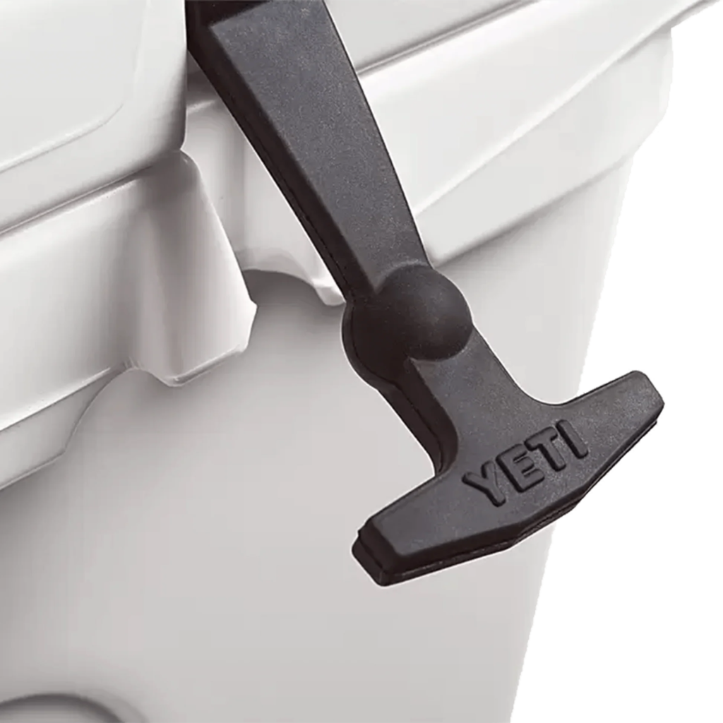 Close up of a gray YETI cooler lid and latches showing the modern cooler design
