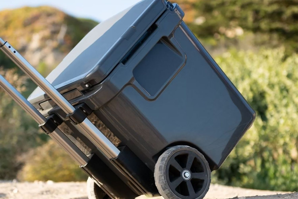 Internal view of a yeti roadie wheeled cooler showing how wine bottles fit upright