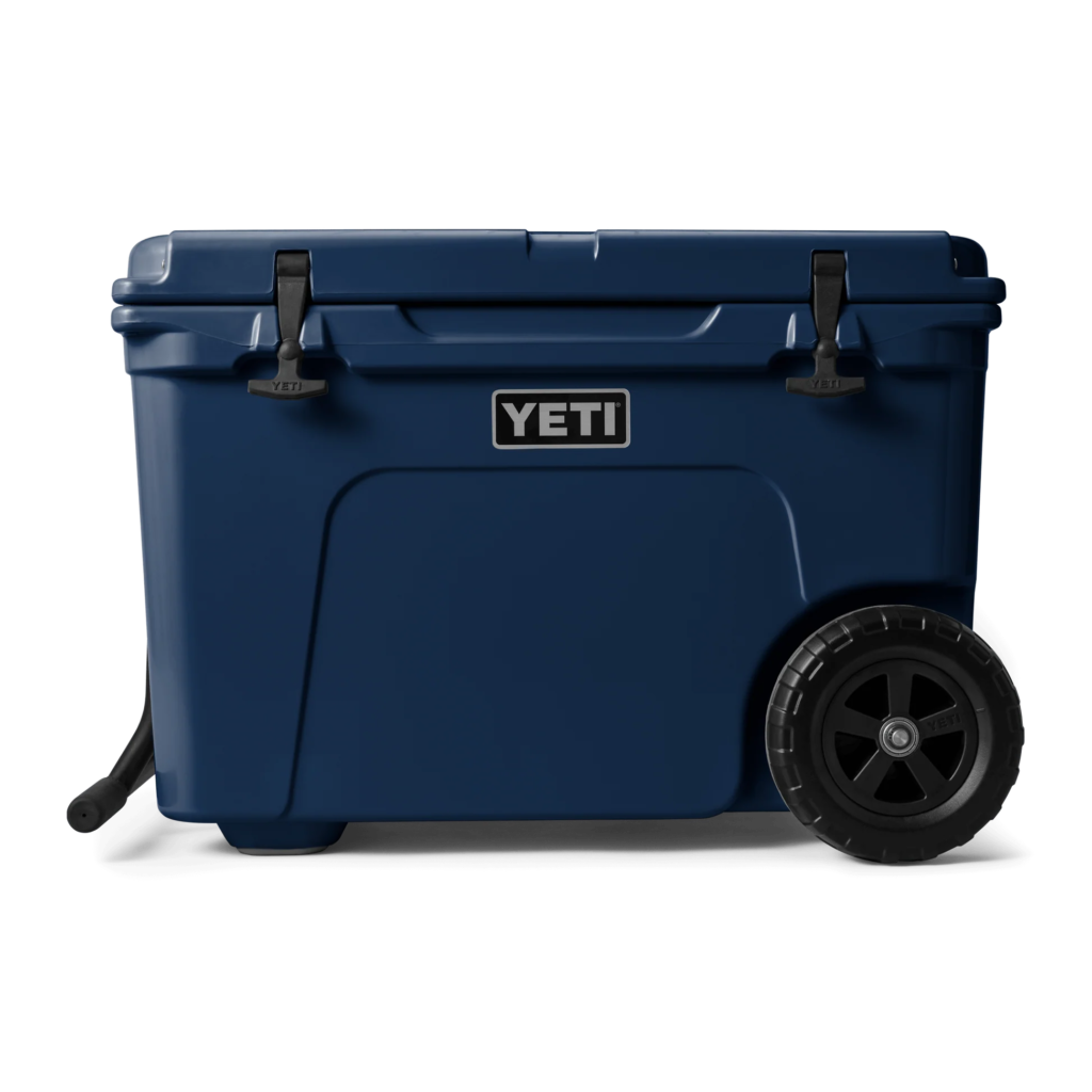 Close up of the impact resistant wheels on a wheeled cooler yeti
