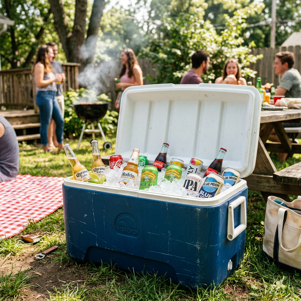 Blue cooler filled with ice and various bottled drinks at backyard barbecue