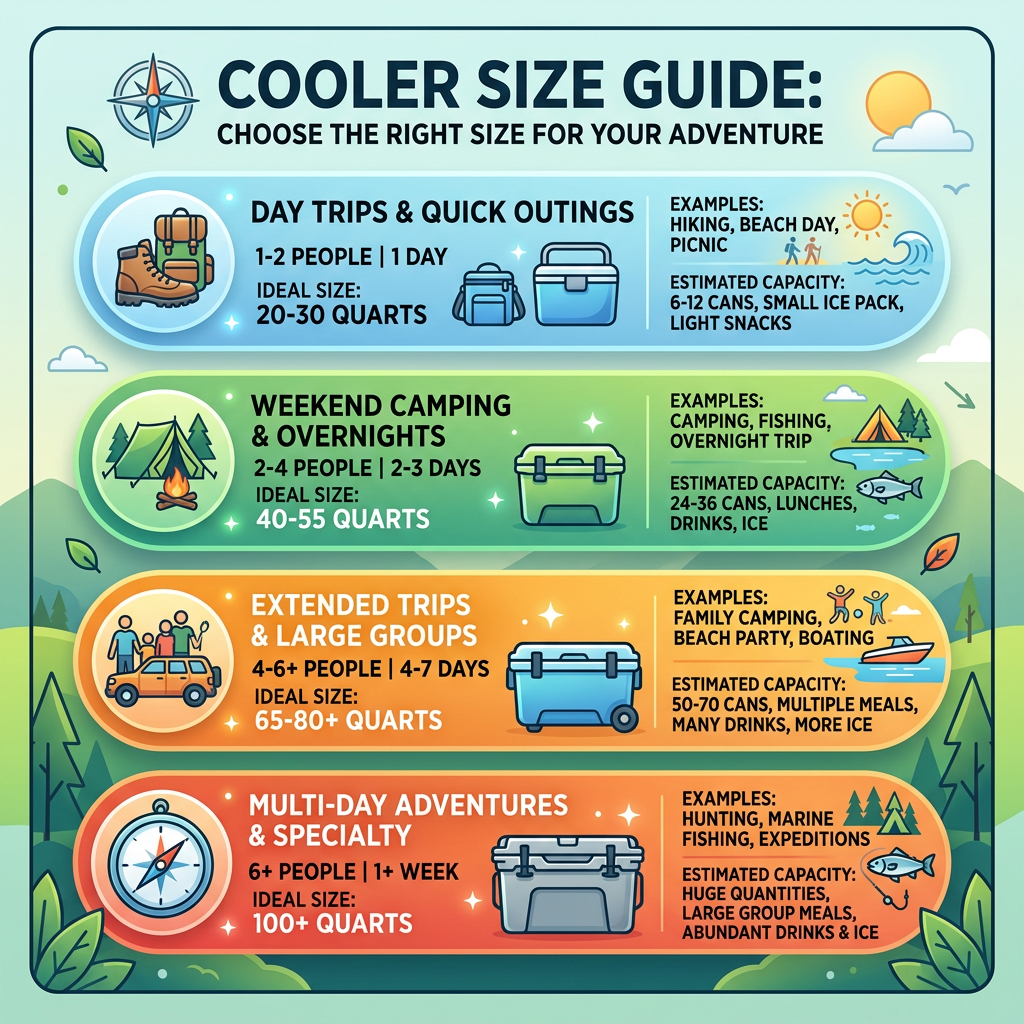Cooler size guide with recommended sizes and capacities for day trips, weekend camping, extended trips, and multi-day adventures.