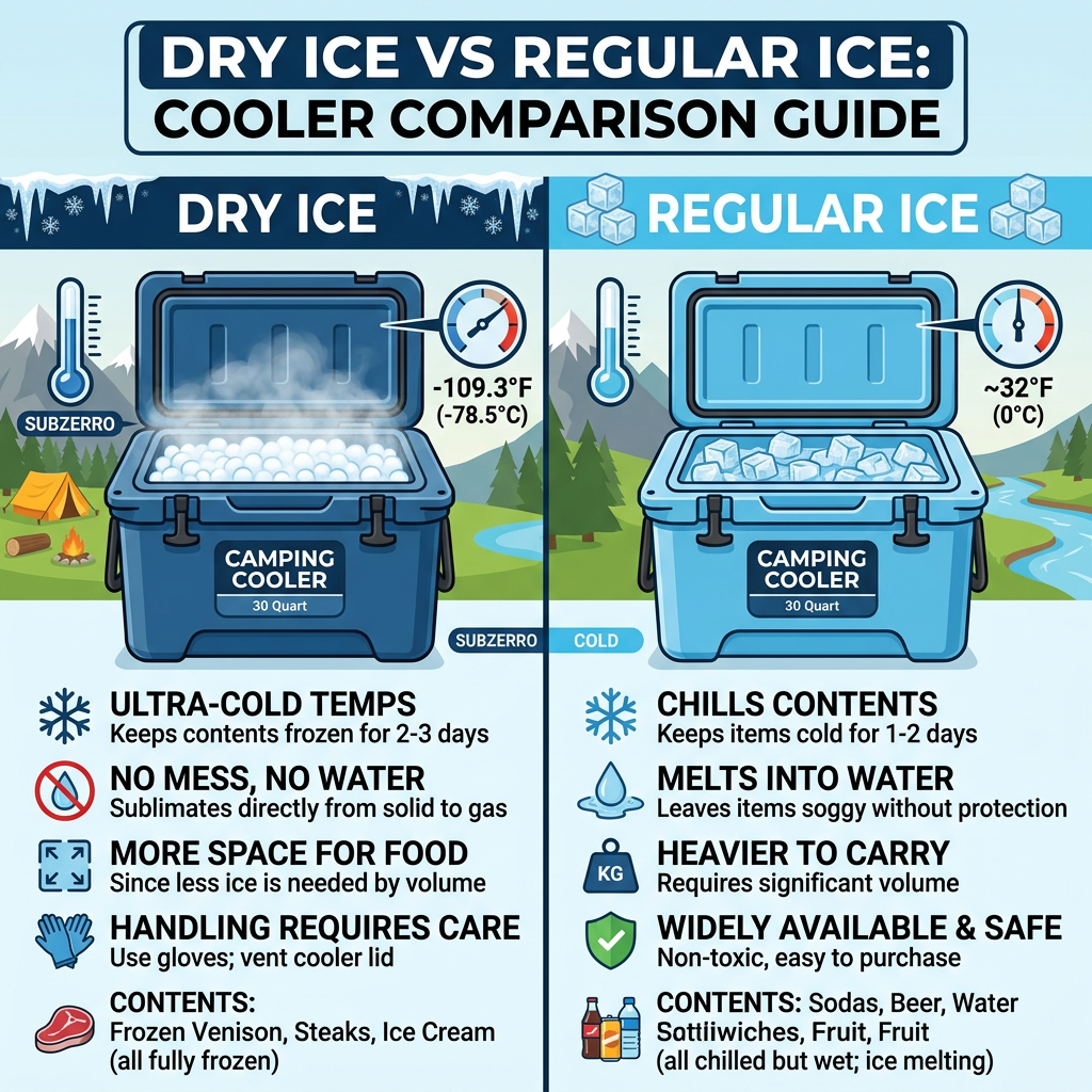 Comparison chart of dry ice and regular ice in camping coolers with temperature ranges and benefits listed