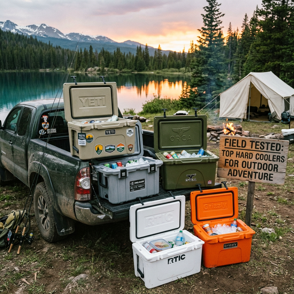 Multiple branded hard coolers open with drinks and ice at a lakeside camping site