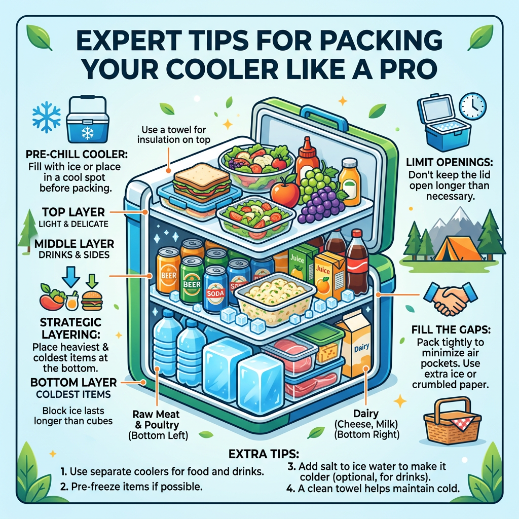 Illustration of a layered cooler showing the best way to pack food and drinks for optimal cooling
